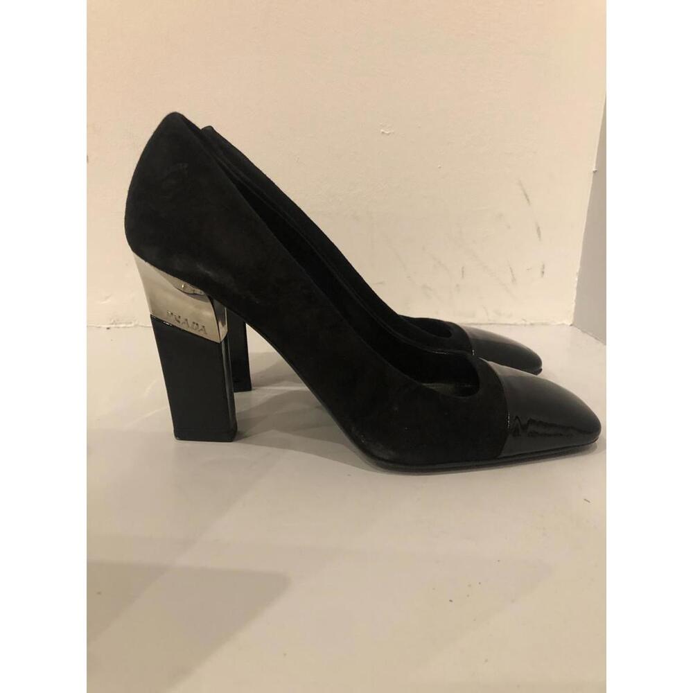 Prada Black Suede Heels with Glossy Cap Toe